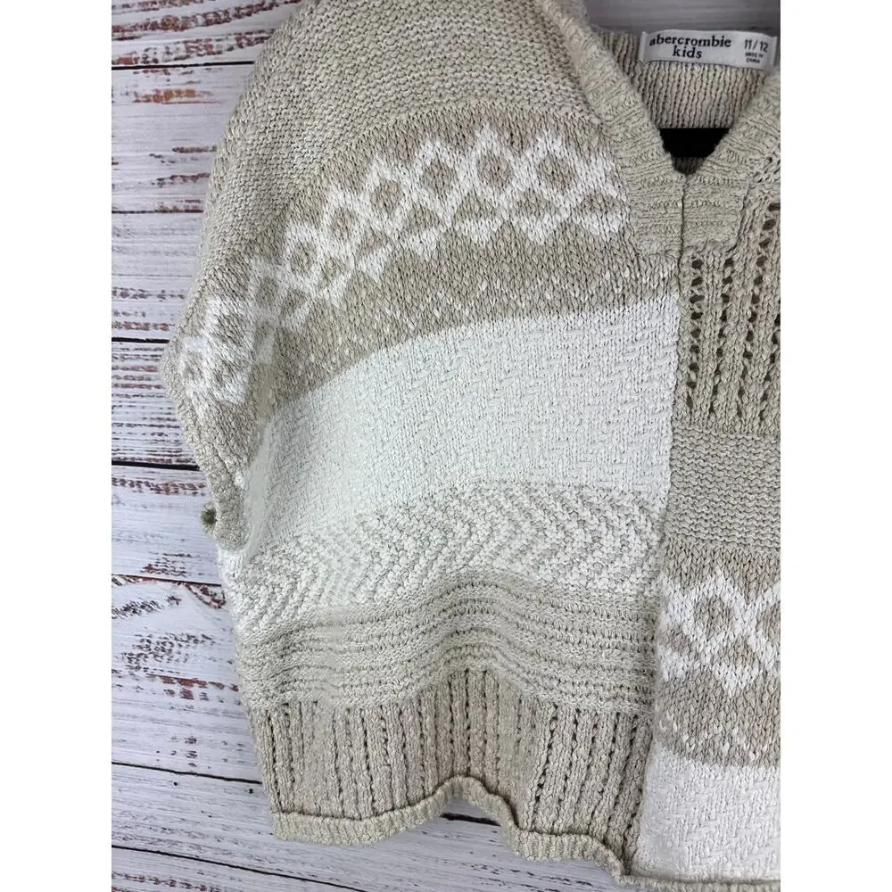 Abercrombie KIDS Color Block Tan Cream Crop Knit Sweater SS Hooded Girls 11/12